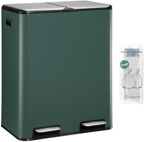 Hzuaneri Kitchen Bin, (2 x 30L) 60L Recycling Bins, Pedal Bin with Lid | Stainless Steel Kitchen Bins Recycling and Waste, Silent Slow-Down Closing Lid, With 15 Exclusive Trash Bags, Green SW06099C