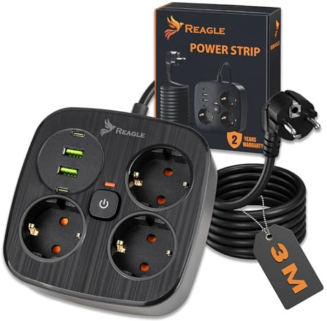 Reagle Steckdosenleiste mit 4 USB - 2X USB 2X USB-C, 3-Fach 230V, 2500W, Mehrfachsteckdose mit Save Energy-Schalter zum Stromsparen für Home Office mit Überspannungsschutz 3M