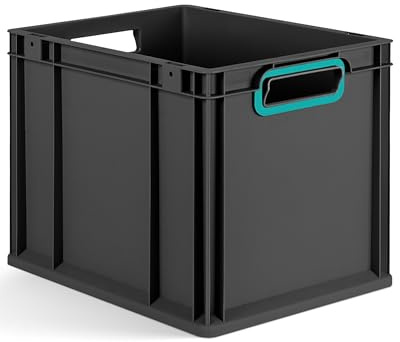 aidB Eurobox NextGen 2.0 Cycle - 400x300x320mm – 30L Aufbewahrungsbox aus recyceltem Material - Stapelbare Lagerbox in Anthrazit – offene Griffe - Industriequalität - inkl. ColorClips in Türkis