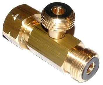 11kg Gasflasche T-Anschlußstück T-Stück 2-Fach Adapter Ausgangsverteiler mit 2 Abgängen für 2 Regler Druckminderer oder Mehrflaschenanlage 2x W21.8x1/14LH :: LPG Flüssiggas Propangas Propan Butan