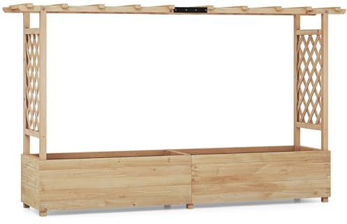 GiantexUK Raised Garden Bed with Arch Trellis (Natural, 200x44x114cm) | Wooden Garden Planter Box with Drainage Holes, Climbing Plants Vines Vegetables Herbs Flower Pots Grow Box
