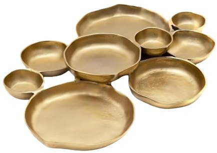 Cluster Serving Bowls Connected Shiny Gold Snacks Dishes | 9-piece Combination Elegant Round Cluster Decorative Bowls for Nuts, Appetizers, Dinner Table, Breakfast, Home,