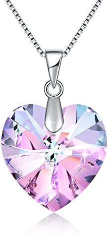 Collier en forme de cœur en cristal rose Swarovski pour femme - Cadeau de Noël, pierre de naissance - Collier plaqué rhodium