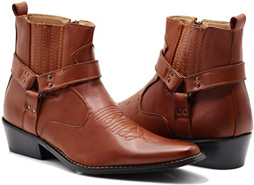 Enzo Romeo WSTN01 Westernstiefel für Herren, seitlicher Reißverschluss, spitzer Riemen, modische Stiefel, Braun, 43 EU