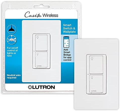 Lutron Caseta Smart Home Switch with Wallplate, Works with Alexa, Apple HomeKit, and Google Assistant | 5-Amp, for Ceiling and Exhaust Fans, LED Bulbs, Incandescent and Halogen | PDW-5ANS-WH-A | White