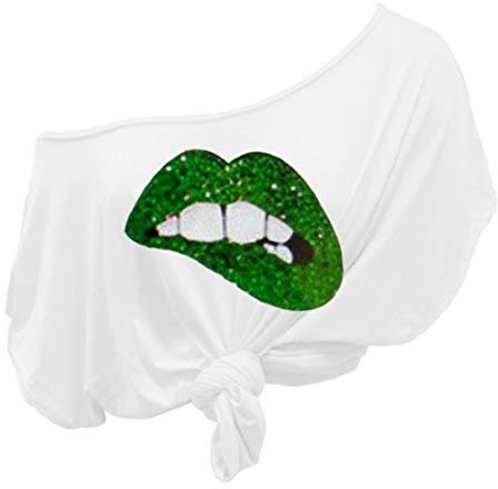 janisramone Womens Ladies New Slogan Printed Off Shoulder Tie Knot Front Short Sleeve Baggy Oversized Crop T-Shirt Top