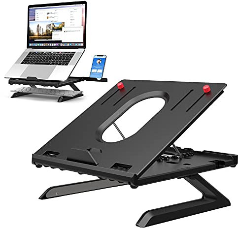 Klearlook Portable Laptop Holder With Built-in Folding Legs and Phone Holder - 9-Adjustable Height Cooling Stand, Heat-Vent Ergonomic Elevator, Foldable Notebook Riser for Tablet Keyboard - Black