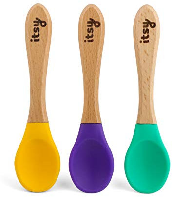 Itsy Spoonz Babylöffel-Set, mit weicher Silikonspitze, sicherer Übungslöffel, alle aus Bio-Bambus, mehrfarbige Packung à 3 Stück