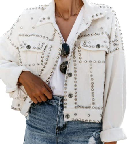Omoone Jeansjacke für Damen, langärmelig, Nieten, leger, gewaschen, kurzer Jeansmantel, Western-Outfits