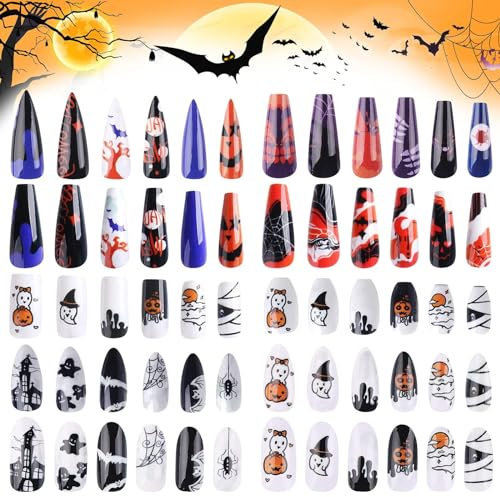 Kalolary 240 Stücke Halloween Falsche Nägel Abnehmbare Volle Abdeckung Nägel Sarg Acryl Nagelspitzen Halloween Nagelsticker Abziehbilder mit 5 Stück Nagelkleber Tabs für Fingernagel Dekorationen