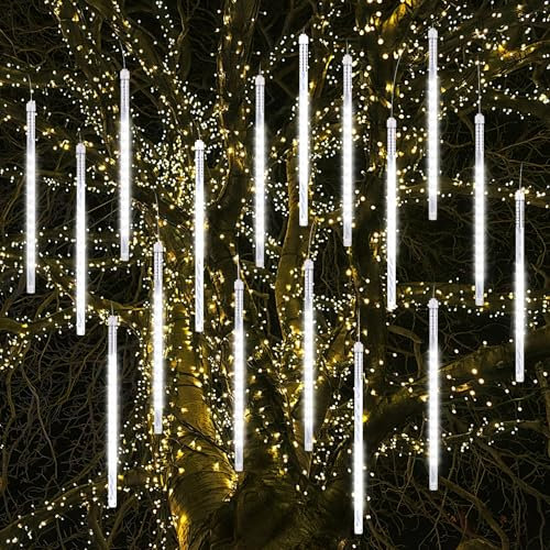 Vikdio Lluvia de Meteoros Luces de lluvia, 30cm 16 Tubos de Espiral 480 LEDs Nieve Caída Luces de Cuerda para la Boda Árbol de Navidad Decoración del Hogar, Soporte 2 Juegos Gancho (Blanco)