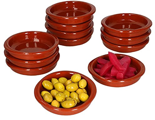 MamboCat Set de 12 cazuelas avec poignées Plaques en Terre Cuite Ø 10,5 cm Taille XS 70 ML 12 Personnes Méditerranée Pièce Unique Faite Main Dips Tapas Amuse Gueule Marché médiéval