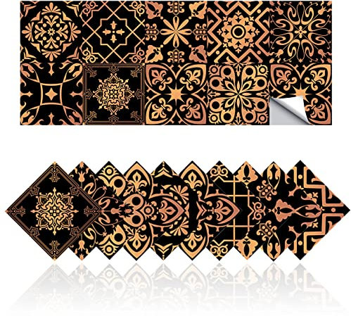 Cendray Fliesenaufkleber Schwarz Gold Retro Fliesenaufkleber für Badezimmer Küche Öldichtes Wasserdichtes PVC Selbstklebende Dekoration Marokko Stil (20,15x15cm)