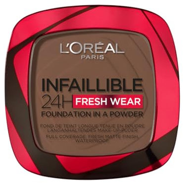 L'Oréal Paris Wasserfestes Puder Make-up mit hoher Deckkraft, Deckendes Kompaktpuder mit mattem Finish und 24h Halt, Infaillible 24H Fresh Wear Foundation Powder, Nr. 390 Ebony, 1 x 9 g