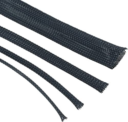 UKCable-Ties 1 Meter Cable Management Sleeves, Desk Wire Tidy Expandable Braided Cable Sleeve, Pet Animal Cable Protector, Flexible Wire Hider Organiser, Black (12mm)