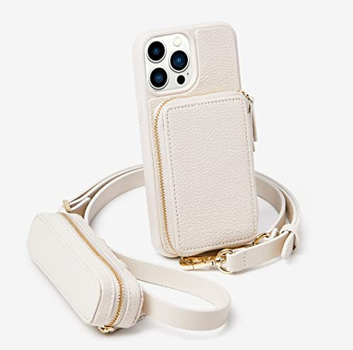 ZVE for iPhone 13 Pro Max Wallet Case Crossbody, Leather Phone Case with RFID Blocking Card Holder Small Lipstick Keys Pouch Wrist Strap for Women, Zipper Cover for iPhone 13 Pro Max (6.7 inch)- Beige