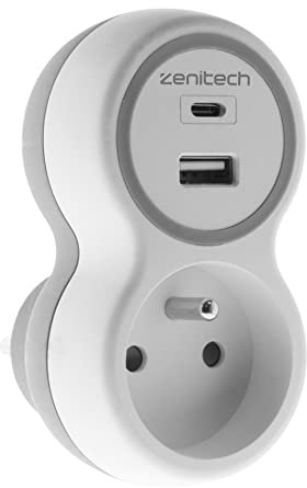 Prise 16A + 2 ports USB A/C - Blanc et Gris - Bolea - Zenitech