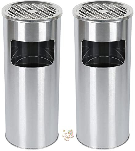 Papelera-Basurero -Cubo de basura de 30 L, para exterior/interior, con cenicero, acero inoxidable, para la Oficina, el Hotel y el Jardín (Plata-2PC)