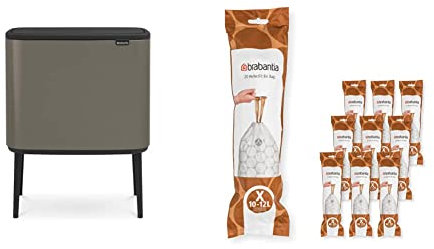 Brabantia Bo Touch Bin - 3 x 11 Litre Inner Buckets (Platinum) Waste/Recycling Kitchen Bin + X Liners Multipack Box (200 rolls)