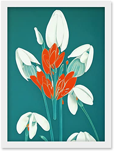 Wee Blue Coo Abstract Snowdrops Red Flowers on Teal Retro Mid Century Style Artwork Framed Wall Art Print A4