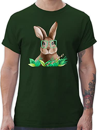 T-Shirt Herren - Ostern Outfit - Hase mit Brille - L - Dunkelgrün - Ostergeschenk kleinigkeit Tshirt männer ostershirt ostersachen t Shirt osterm Shirts Happy Easter für Hasen