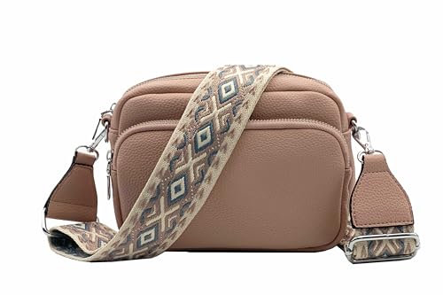 stylx Crossbody Bag Damen Leder Breiter Gurt Handtasche Umhängetasche Moderne Taschen mit breitem Schultergurt,Abnehmbarer Schultergurt,Schwarz. (rosa)