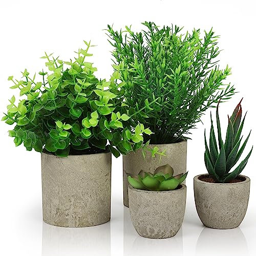 BELLE VOUS Pack de 4 Plantas Artificiales Decorativas en Macetas para Interior - Eucalipto, Sansevieria y Suculenta - Plantas Decorativas Artificiales Oficina, Escritorio/Mesa, Dormitorio o Cocina