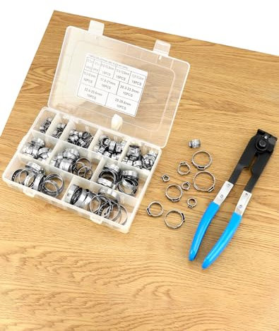 QWORK® Einzelohr Stufenlos Schlauchschellen Set, mit Zange und 115 Stück Einzelohr Stufenlos Schlauchschellen aus Edelstahl 304, 10 Größen für Automobilen,Schiffen,Haus