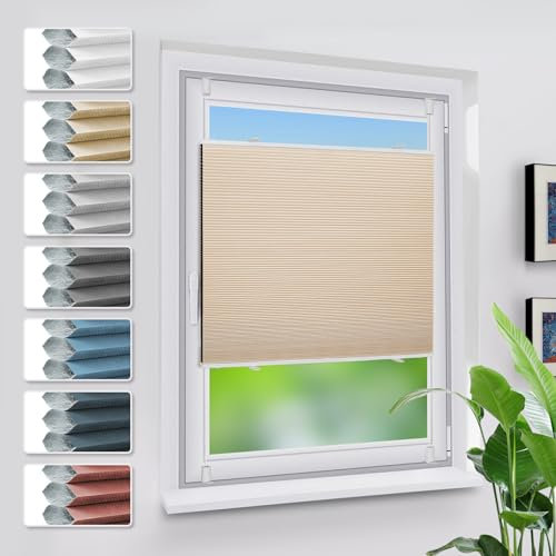 Grandekor Verdunklungsplissee Wabenplissee ohne Bohren Weiß-Beige 90x130cm (BxH) Klemmfix Plissee ohne Bohren Verdunkelung Thermo Rollo Wärmedämmung, Privatsphäre - & Sonnenschutz