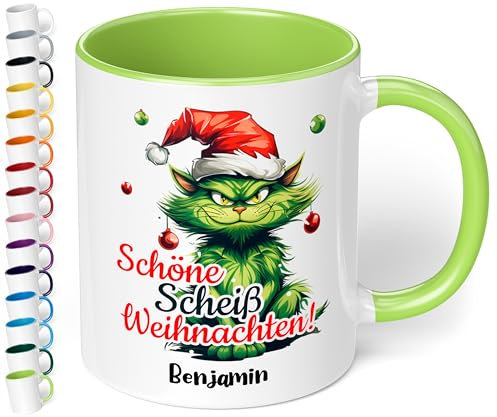 True Statements Lustige Weihnachtstasse mit Namen und böser Katze „Schöne Sch* Weihnachten!“ - 330ml - personalisierter Keramik Kaffeebecher mit Spruch – Anti Weihnachten Geschenk (Hellgrün)