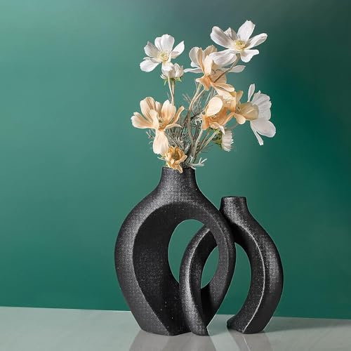 Vzmiza Hollow Black Ceramic Vase Set of 2 - Decorative Nordic Modern Boho Style Donut Vase for Pampas Grass and Farmhouse - Perfect for Home Living Room