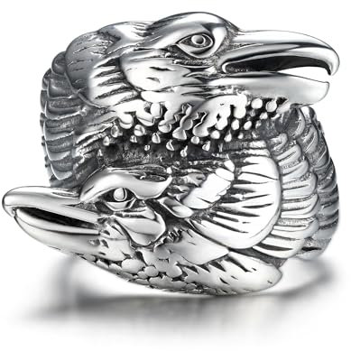 GTHIC Edelstahl Wikinger Doppelrabenkopf Ring für Männer Frauen Retro Punk Odins Krähen Amulett Tier Ringe Schmuck, Größe 10