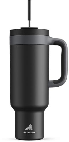 POWCAN Gobelet de 1,5 l avec poignée, paille 2 en 1 et couvercle à siroter, étanche, passe au lave-vaisselle, tasse à café de voyage isotherme en acier inoxydable, garde au froid pendant 34 heures,