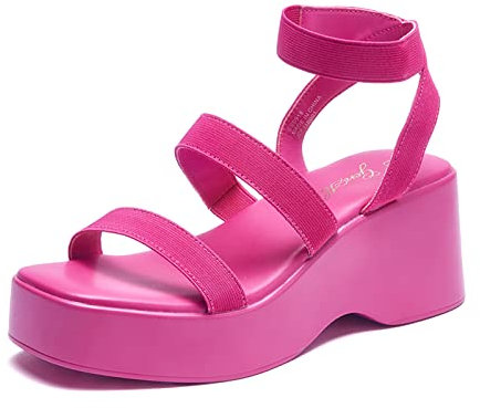 GENSHUO Sandali con plateau da donna, con punta aperta, cinturino alla caviglia, eleganti e confortevoli, tacco da 7 cm, Rosa, 37 EU