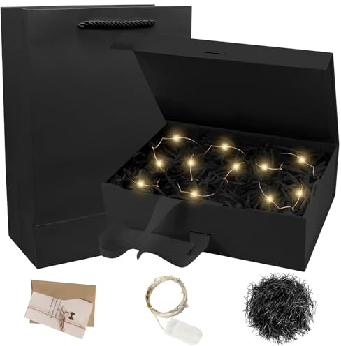 Geschenkbox mit Geschenktüten, LED Magnetbox mit Schleife, Grußkarten | Faltbare Geschenkbox Hochzeit, 23 X 17 X 7 cm, Geschenktüten, Geschenkverpackung Geburtstag für Weihnachten und Jubiläum