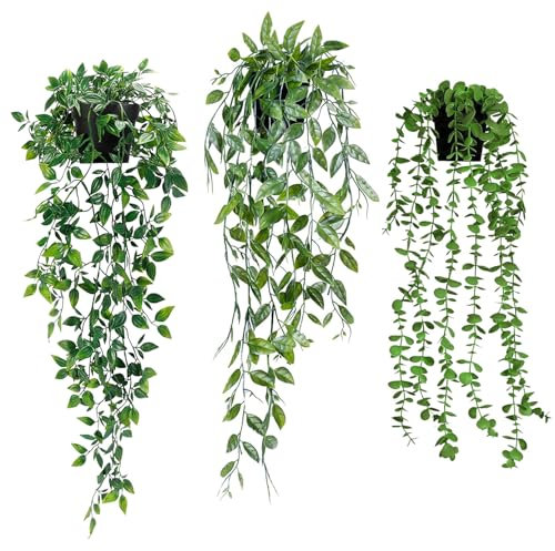 HISUMER Künstliche Hängepflanzen, 3 Stück Künstliche Pflanzen mit Töpfen, Hängepflanzen Topfpflanze Künstlich für Hausgarten Dekor, Künstlicher Eukalyptus for Shelves Wand Zimmer Zuhause