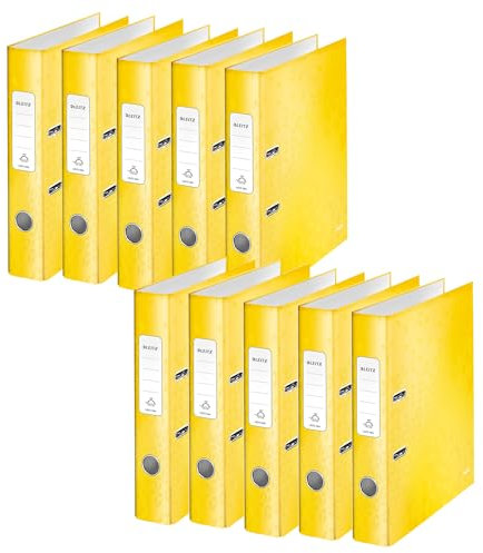 Leitz Qualitäts-Ordner 180°, 10er Pack, A4, schmal, 5,2 cm Rückenbreite, laminierte Graupappe, Gelb, WOW Serie, 10060016