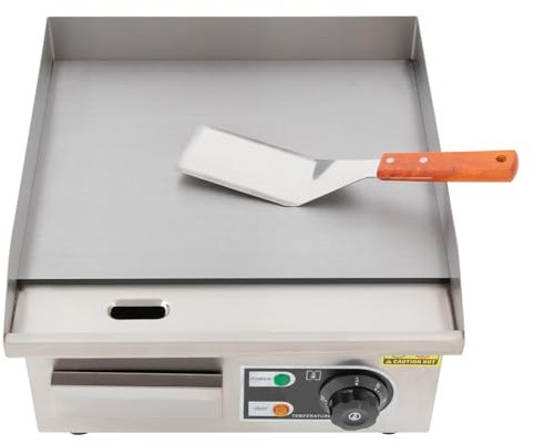 Elektrogrill Grillplatte Elektrisch Tischgrill Edelstahl Deluxe Elektrische Griddle mit 2* Schaufel+2* Ölbürsten, 2000W 50°C-300°C, 14x14 Zoll Kochfläche für Restaurants, Küche, Gewerbe, Haushalt