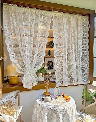 Daliena Scheibengardine Spitze Landhaus Romantische Blumen Gardinen Vintage Küche Vorhang mit Stickerei, Klein Fenstervorhang für Café Esszimmer Cremefarbe (BxH 130x90cm) 1 stück