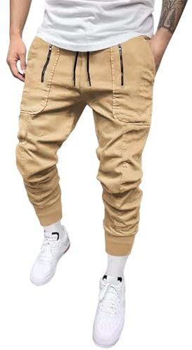 Mens Cargo Trousers Elasticated Waist, Mens Joggers Bottoms Men Cargo Work Trousers Outdoor Elasticated Waist Drawstring Pants with Pockets Straight Fit Combat Pants Men'S Casual Pants Khaki