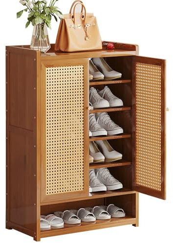 Armoire à Chaussures en Rotin Et Bambou,Plastique Rotin Armoire Rangement Autoportante,Meuble à Chaussures éTroit,pour EntréE,Couloir,Salon
