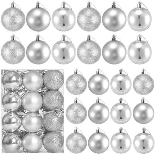 24 Count Mini Silver Ornaments for Mini Christmas Tree, Small Shatterproof Christmas Tree Ornaments Balls Party Decorations, 1.2 Inch