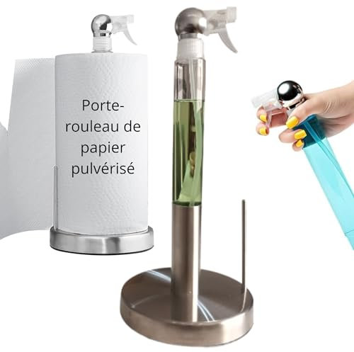 VERITOSS | Support Essuie Tout en Acier Inoxydable avec Pulvérisateur 210ml | Porte Rouleau Essuie Tout Pratique | Support Sopalin Cuisine Salle de Bain | Porte Sopalin sur Pied Design Moderne
