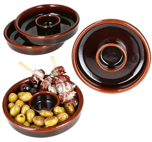 MamboCat 4er Set Juego Tapas Schale Ø 17,8cm | dunkelbraune Olivenschale I Tonschale mit integriertem Schälchen für Kerne oder Dip I Cazuela für Antipasti & Co.