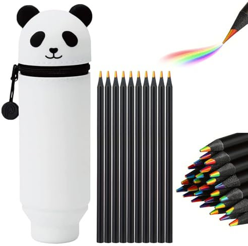 Générique Trousse Ecole 2 en1 en Silicone Souple - Kawaii, Porte Plume and 10pcs Crayons de Couleur Fermeture Eclair en Silicone, Pochette de Stylo, Crayons pour Enfants Filles et Étudiants