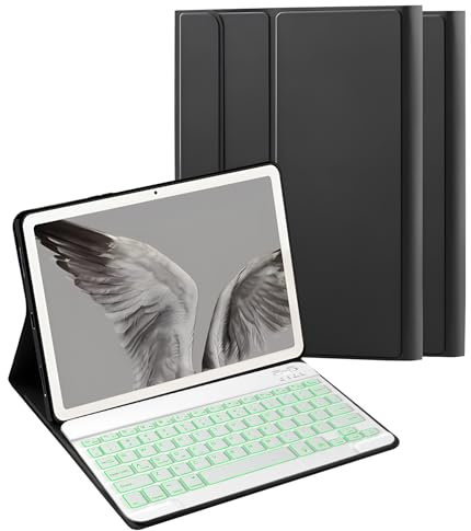 HLTOOP Funda Teclado para Google Pixel De 11 2023, Contener Ñ, Teclado Inalámbrico Desmontable con Retroiluminación De 7 Colores con Funda De Cuero PU,Blanca