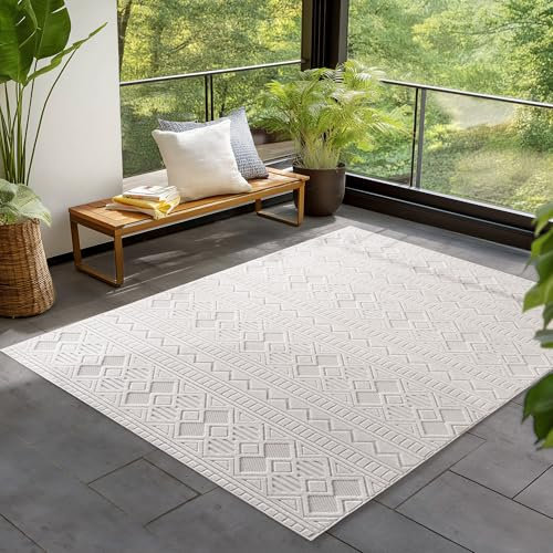 SIMPEX Indoor Outdoor Teppich wetterfest 280x370 cm, 3D Optik, Vintage Design, waschbar, Natur Creme Farbe, Teppich Wohnzimmer, Terrasse