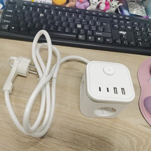 Steckdosenwürfel mit USB, 3 Fach Mehrfachsteckdose mit Schalter, Steckdosenleiste mit 2 USB A +2 USB C, 7 in 1 Steckdosenverteiler mit 2M Kabel, Flachstecker Mehrfachsteckdose für Büro Reisen, Weiß