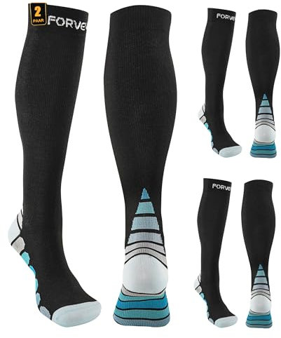FORVEVO Kompressionsstrümpfe Herren und Damen 2Paar,Sport Kompressionssocken Stützstrümpfe für Laufen,Reisen,Radsport,20-30mmHg（Blau,L/XL）