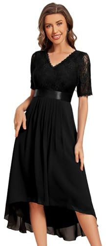 Ever-Pretty Women's Short Sleeve V - Neck Lace Chiffon Midi Wedding Guest Dress for Evening Party with Asymmetry Hem Black18UK